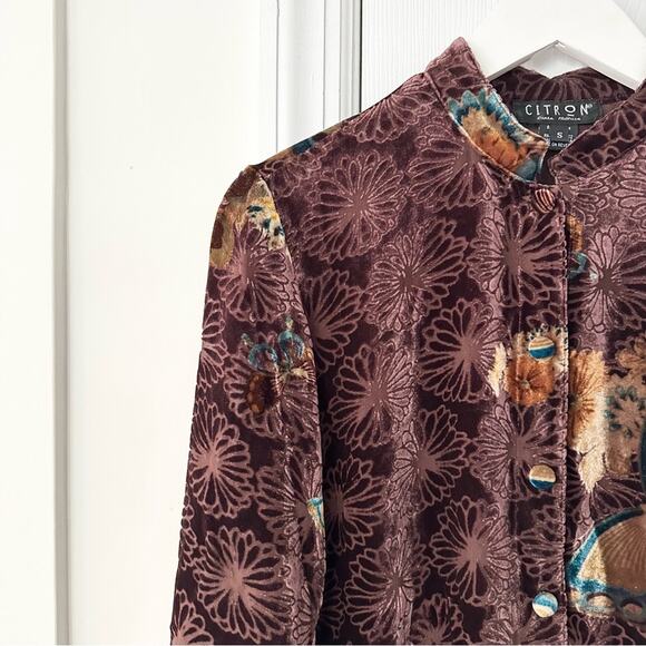 Citron Brown Velvet Butterfly Mandarin Collar Neck Button Up Blouse Small Asian - Picture 5 of 12